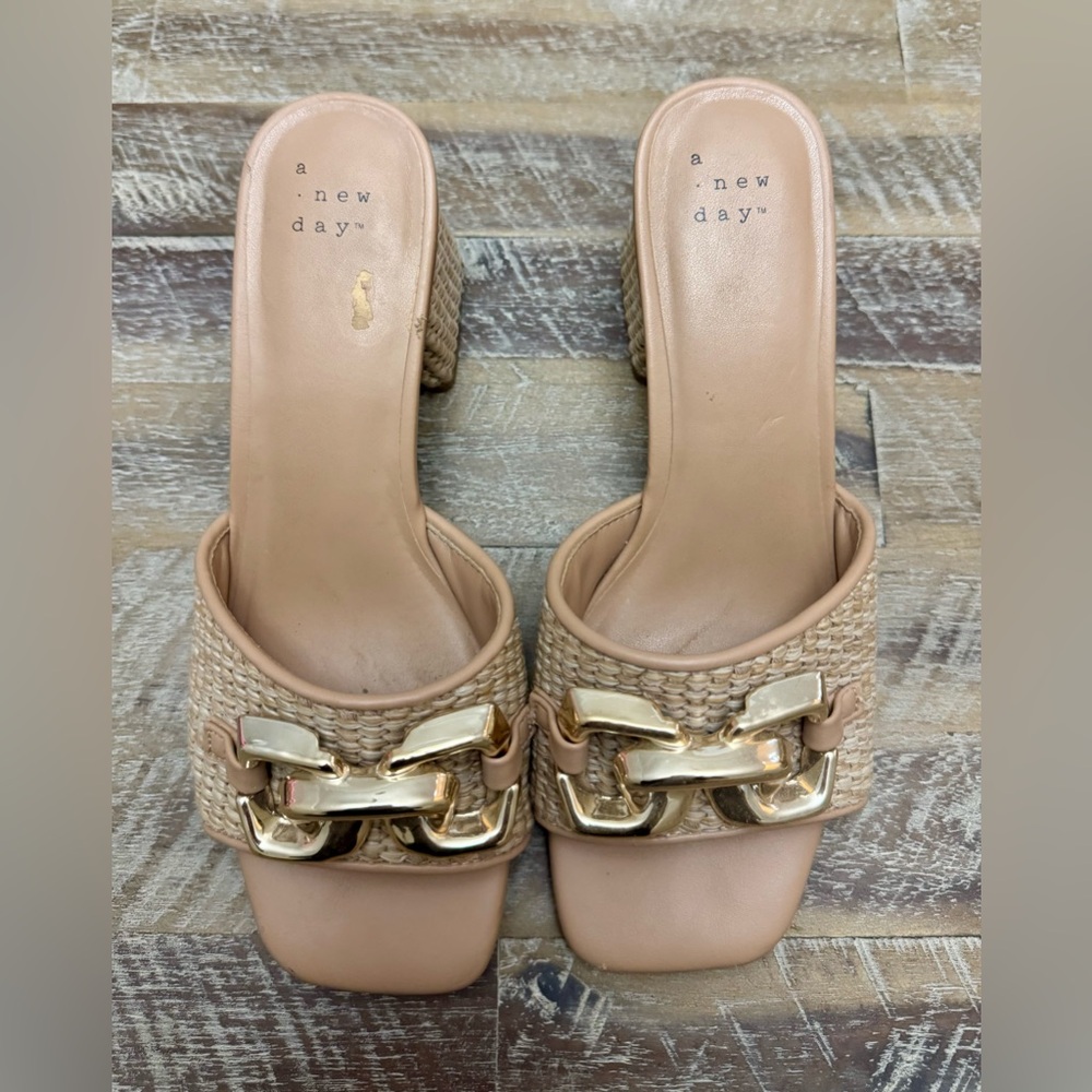 A New Day Women's Beige Mules with Gold Chain Detail